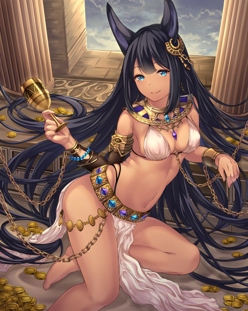 1girl animal_ears anubis armlet barefoot black_hair blue_eyes bracelet breasts chain coin egyptian_clothes fantasy gem goblet gold highres jewelry loincloth mashiro_monaka necklace original single_earring tan underwear