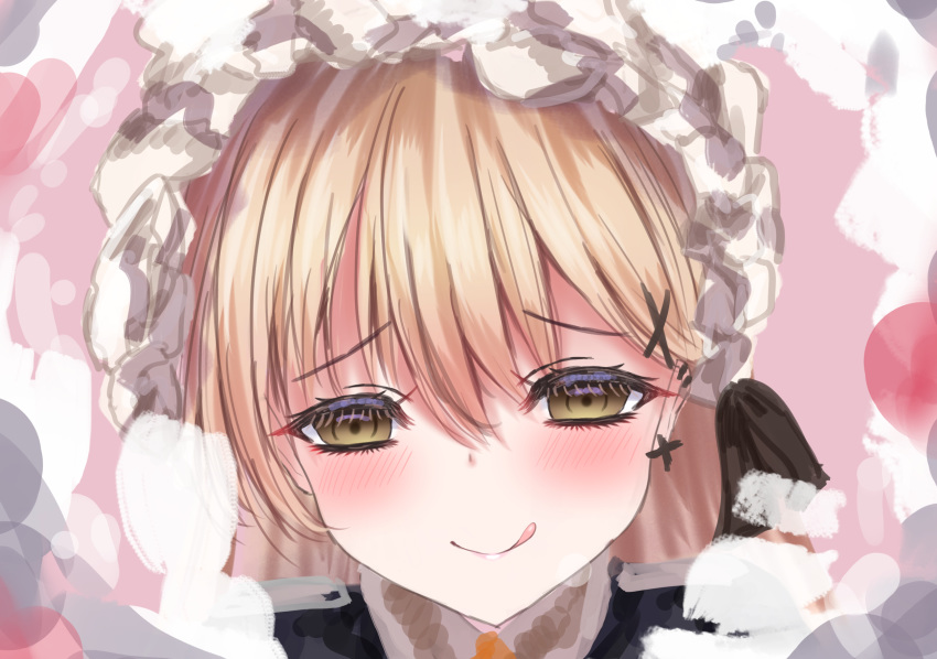 1girl :p blonde_hair blush cream cream_on_face cross cross_earrings earrings eyebrows_visible_through_hair food food_on_face frilled_hairband frills girls_frontline hairband highres jewelry light_brown_eyes looking_at_viewer martinreaction pov ppk_(girls_frontline) puffy_short_sleeves puffy_sleeves short_sleeves smile solo tongue tongue_out