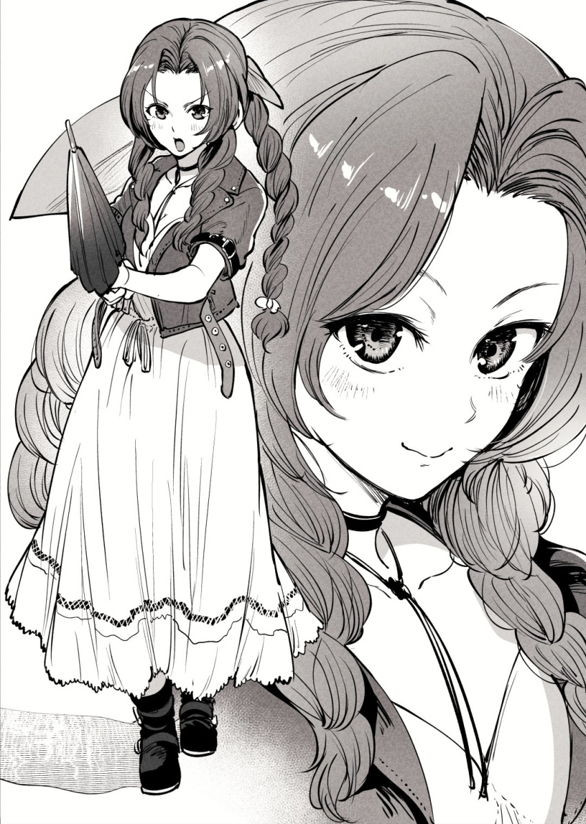 1girl aerith_gainsborough bonkara_(sokuseki_maou) boots braid choker closed_mouth commentary dress final_fantasy final_fantasy_vii final_fantasy_vii_remake greyscale hair_over_one_eye hair_ribbon highres holding holding_umbrella jacket jewelry long_dress long_hair looking_at_viewer monochrome multiple_views necklace open_mouth ribbon shadow short_sleeves smile standing twin_braids twintails umbrella v-shaped_eyebrows