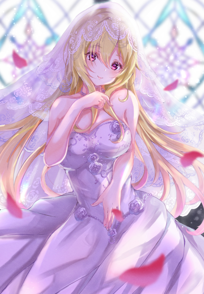 1girl absurdres bangs bare_arms bare_shoulders blonde_hair blurry blurry_background breasts bridal_veil commentary_request dress eyebrows_visible_through_hair hair_between_eyes hair_over_shoulder highres idolmaster idolmaster_cinderella_girls idolmaster_cinderella_girls_starlight_stage jewelry kurosaki_chitose light_particles long_hair looking_at_viewer medium_breasts necklace petals red_eyes sa-ya2 sidelocks sleeveless sleeveless_dress smile solo strapless strapless_dress veil wedding_dress white_dress