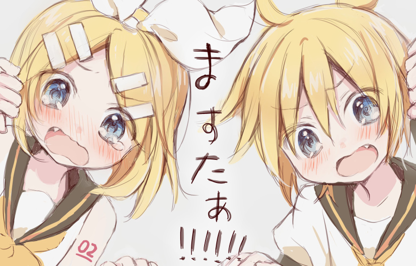 1boy 1girl bangs bare_shoulders black_collar blonde_hair blue_eyes blush bow brother_and_sister collar commentary crying crying_with_eyes_open fang fourth_wall furrowed_eyebrows hair_bow hair_ornament hairclip highres hitode kagamine_len kagamine_rin neckerchief necktie open_mouth sailor_collar school_uniform shirt short_hair short_ponytail short_sleeves shoulder_tattoo siblings sleeveless sleeveless_shirt spiky_hair swept_bangs tattoo tears translated twins upper_body vocaloid white_bow white_shirt yellow_neckwear