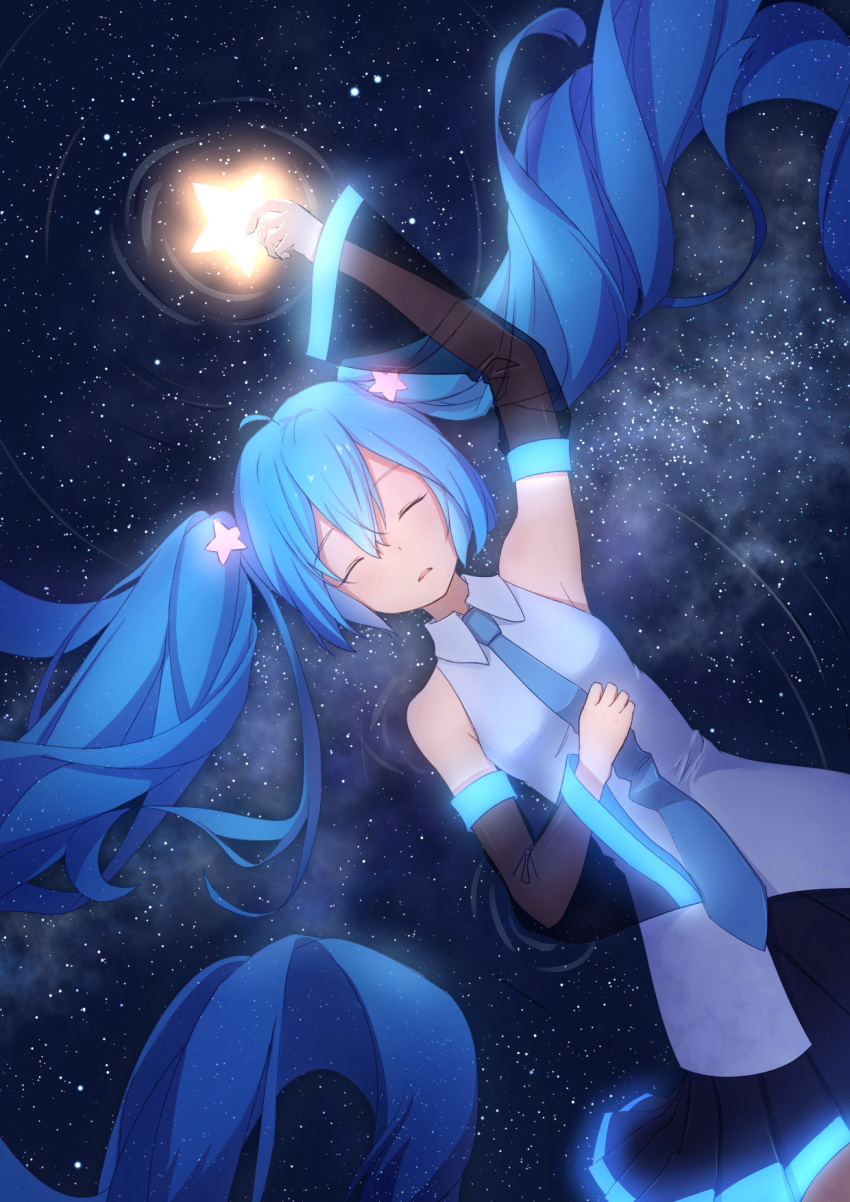1girl absurdly_long_hair arm_up armpits bare_shoulders black_skirt black_sleeves blue_hair blue_neckwear chinese_commentary closed_eyes commentary detached_sleeves dutch_angle galaxy glowing grey_shirt hair_ornament hand_on_own_chest hatsune_miku highres holding_star long_hair lying miniskirt necktie neon_trim on_back parted_lips pleated_skirt ripples shirt skirt sky sleeveless sleeveless_shirt solo space star_(sky) star_(symbol) star_hair_ornament starry_sky twintails upper_body very_long_hair vocaloid xika_xiaofei