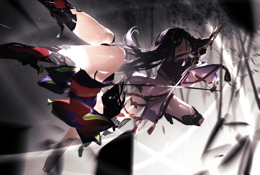 2girls armor ass bamboo bamboo_forest bangs black_gloves bob_cut bodysuit breasts elbow_gloves fate/grand_order fate_(series) fighting fingerless_gloves forest gloves highres horns japanese_armor japanese_clothes jumping katana kimono kote kuronoiparoma large_breasts legs long_hair long_sleeves low-tied_long_hair minamoto_no_raikou_(fate/grand_order) multiple_girls nature obi oni oni_horns parted_bangs purple_bodysuit purple_hair purple_kimono revealing_clothes ribbed_sleeves sash short_hair shuten_douji_(fate/grand_order) skin-covered_horns sword tabard very_long_hair violet_eyes weapon wide_sleeves