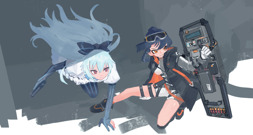 2girls absurdres black_bow black_footwear black_gloves black_hair black_jacket blue_hair bow braid caws_(girls_frontline) clenched_teeth closed_mouth creator_connection dress elbow_gloves full_body girls_frontline gloves goggles goggles_on_head gun handgun highres jacket long_hair multiple_girls open_clothes open_jacket orange_eyes pistol qyuandee3 red_eyes shield shoes shorts teeth thigh_strap tokarev_(girls_frontline) weapon white_dress white_gloves
