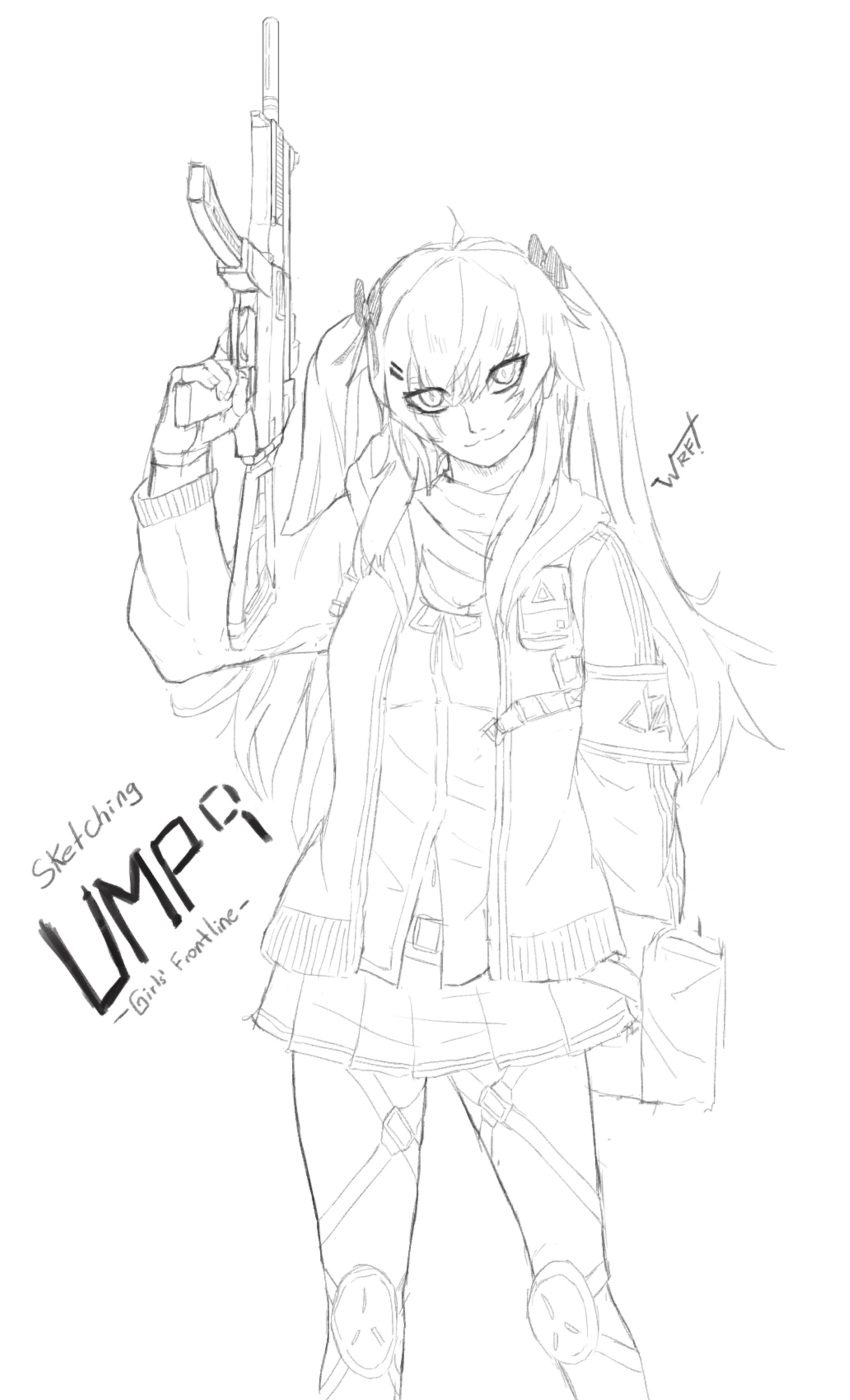 1girl absurdres armband character_name copyright_name girls_frontline greyscale gun h&amp;k_ump highres jacket knee_pads long_hair long_sleeves looking_at_viewer monochrome open_clothes open_jacket scar scar_across_eye signature sketch submachine_gun twintails ump9_(girls_frontline) warfakaid weapon