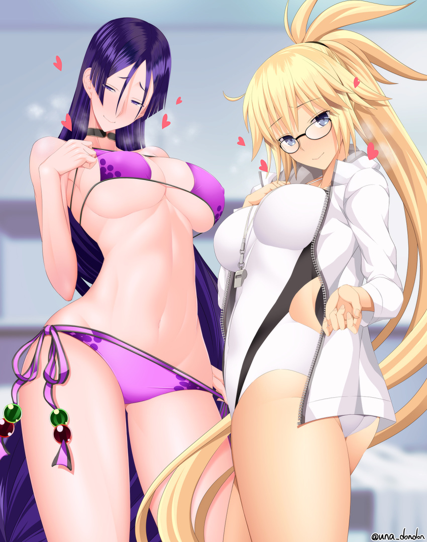 2girls artist_name ass bad_proportions bangs bikini blonde_hair blue_eyes blush breasts choker competition_swimsuit fate/grand_order fate_(series) glasses hair_between_eyes hand_up heart highres indoors jacket jeanne_d'arc_(fate)_(all) jeanne_d'arc_(swimsuit_archer) large_breasts long_hair looking_at_viewer minamoto_no_raikou_(fate/grand_order) minamoto_no_raikou_(swimsuit_lancer)_(fate) multiple_girls navel one-piece_swimsuit ponytail purple_bikini purple_hair side-tie_bikini swimsuit swimsuit_pull unadon very_long_hair violet_eyes whistle white_jacket white_swimsuit