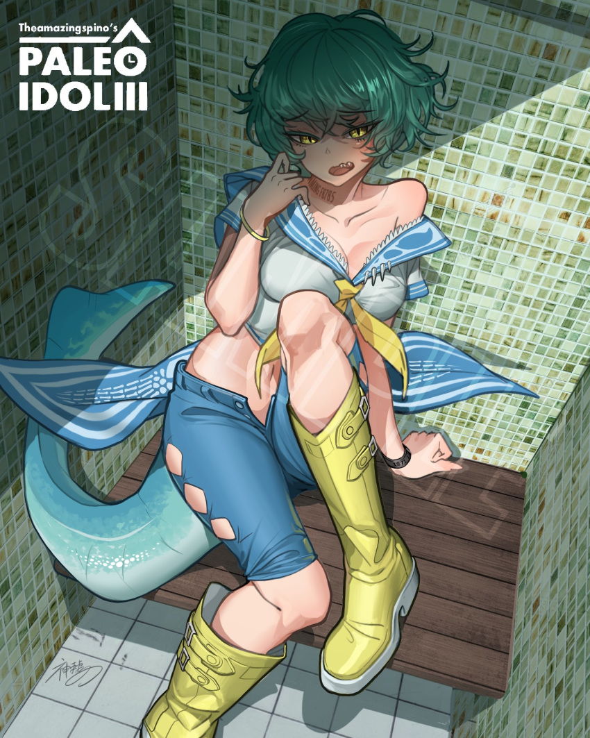 1girl artist_name belt_boots blue_shorts boots english_text green_hair highres knee_boots looking_at_viewer open_fly original personification sailor_collar shirt short_hair short_sleeves shorts sitting slit_pupils solo tail theamazingspino tile_floor tile_wall tiles white_shirt yellow_eyes yellow_footwear yellow_neckwear
