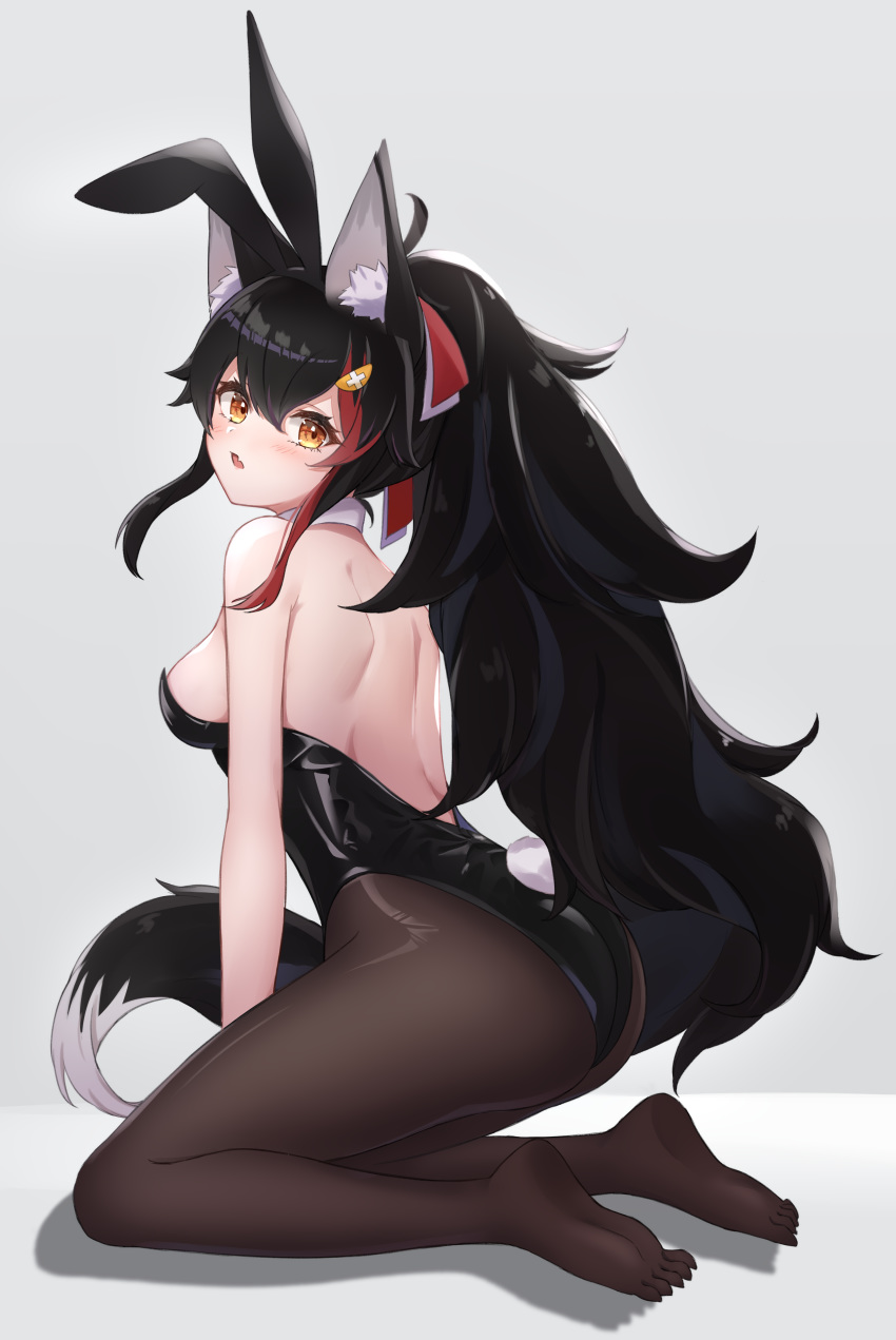 absurdres alternate_hairstyle animal_ears ass backless_outfit black_hair blush breasts bunny_girl bunnysuit commentary_request fake_animal_ears fox_ears higashigure highres hololive long_hair looking_at_viewer looking_back no_shoes ookami_mio painttool_sai_(medium) partial_commentary rabbit_ears simple_background virtual_youtuber white_background yellow_eyes