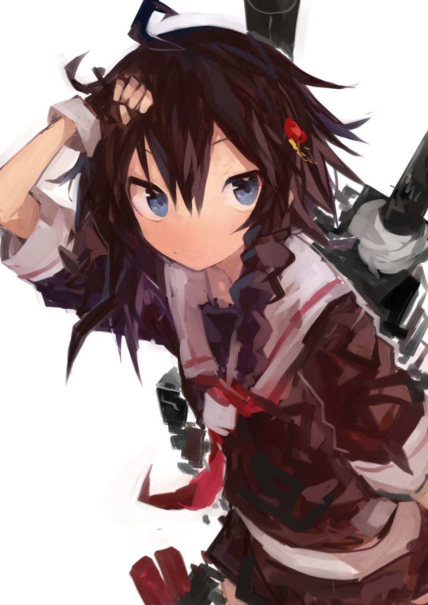 1girl absurdres ahoge bangs black_gloves blue_eyes braid brown_hair closed_mouth fingerless_gloves gloves hair_between_eyes hair_ornament hair_ribbon highres kaamin_(mariarose753) kantai_collection red_neckwear remodel_(kantai_collection) ribbon rigging sailor_collar school_uniform serafuku shigure_(kantai_collection) short_sleeves simple_background single_braid skirt solo white_background