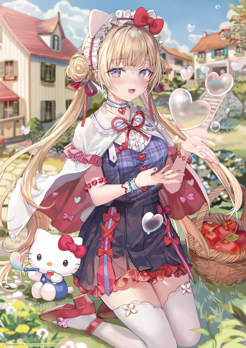 1girl 2024 air_bubble animal_ears apple black_skirt blonde_hair blunt_bangs bow bubble capelet cat_ears double_bun fake_animal_ears fangs floating_hair food frilled_skirt frills fruit hair_bun hair_ribbon hairband hello_kitty hello_kitty_(character) highres kneeling long_hair looking_at_viewer mary_janes momoko_(momopoco) open_mouth outdoors pink_bow red_bow red_footwear red_nails red_ribbon ribbon sanrio shoes skirt smile solo thigh-highs twintails violet_eyes white_capelet white_hairband white_thighhighs zettai_ryouiki