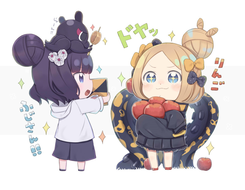 +_+ 2girls :3 :d abigail_williams_(fate/grand_order) animal_on_head apple bangs black_bow black_footwear black_jacket black_shorts blue_eyes blush bow chibi closed_mouth commentary_request fate/grand_order fate_(series) food fruit grey_hoodie hair_bow hair_bun heroic_spirit_traveling_outfit highres hishaku hood hood_down hoodie jacket katsushika_hokusai_(fate/grand_order) light_brown_hair long_sleeves multiple_girls object_hug octopus on_head open_mouth orange_bow parted_bangs polka_dot polka_dot_bow profile red_apple red_footwear shorts simple_background sleeves_past_fingers sleeves_past_wrists smile sparkle standing suction_cups tentacles tokitarou_(fate/grand_order) totatokeke translation_request white_background