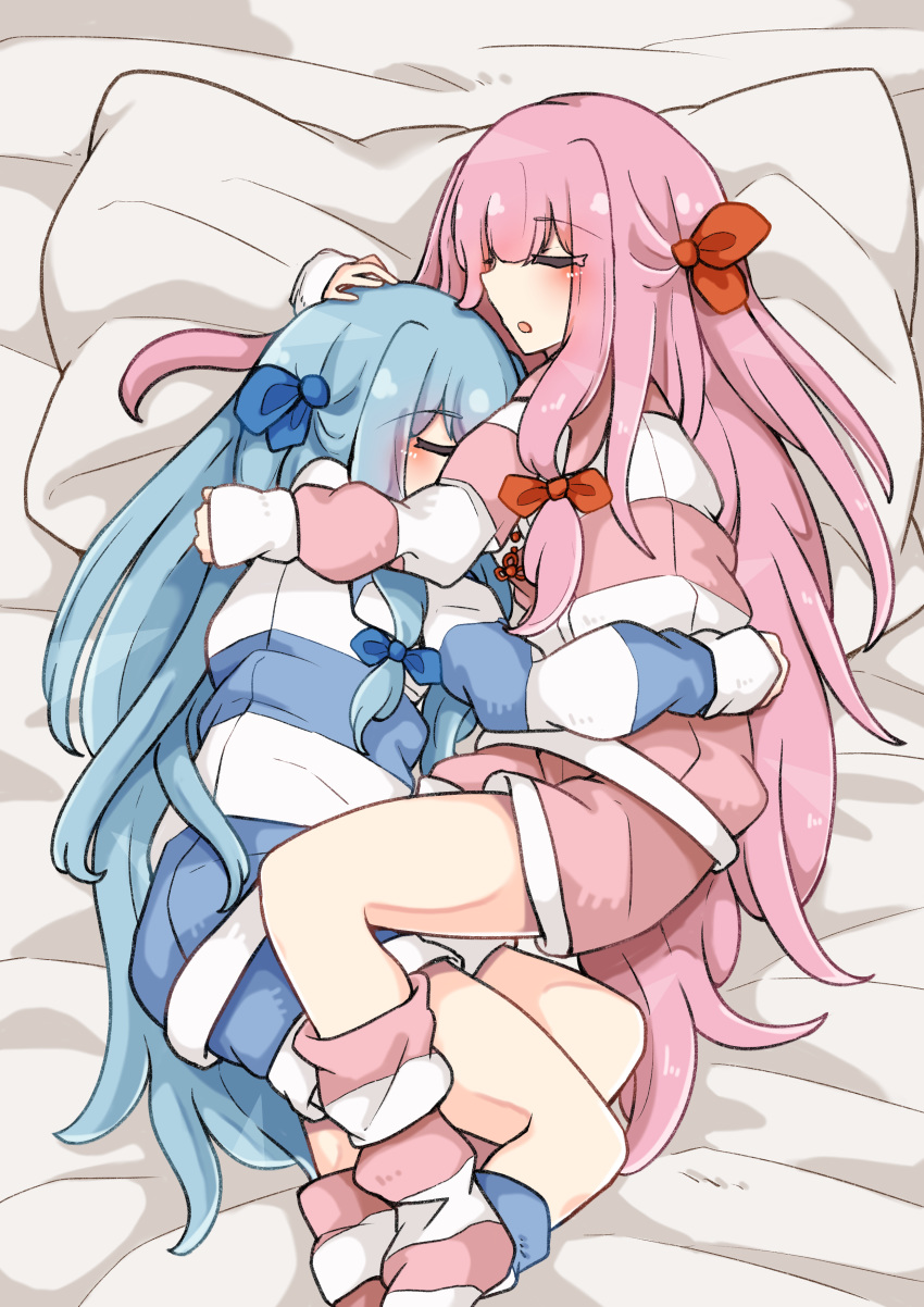 2girls absurdres bed_sheet blue_hair blush bow closed_eyes commentary_request full_body hair_bow highres hug kannagoto kotonoha_akane kotonoha_aoi long_hair loose_socks multiple_girls pajamas pillow pink_hair sleeping very_long_hair voiceroid