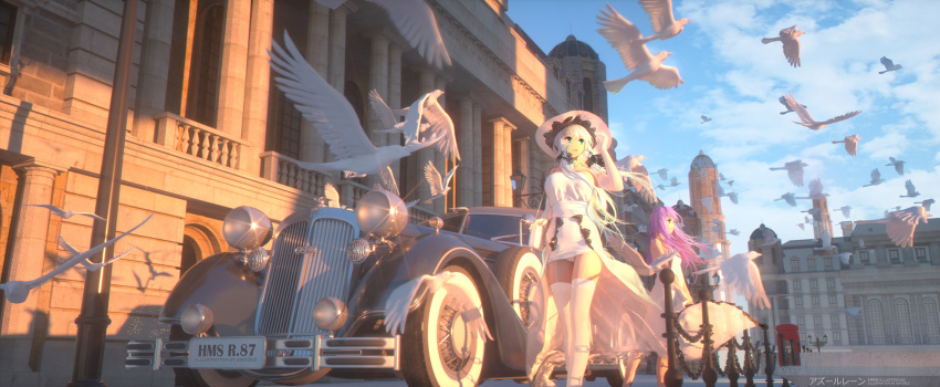 2girls adapted_costume artist_name azur_lane bag bird blue_eyes blue_sky breasts building car character_name chinese_commentary clouds cloudy_sky copyright_name day dress elbow_gloves english_text flock full_body garter_straps glint gloves ground_vehicle handbag hat highres illustrious_(azur_lane) long_hair medium_breasts motor_vehicle multiple_girls off-shoulder_dress off_shoulder open_mouth outdoors panties panty_peek phone_booth purple_hair railing scenery sky sleeveless sleeveless_dress smile standing sunlight swd3e2 thigh-highs thighs twintails underwear unicorn_(azur_lane) vintage_car violet_eyes white_dress white_gloves white_hair white_headwear white_legwear white_panties wind wind_lift zettai_ryouiki
