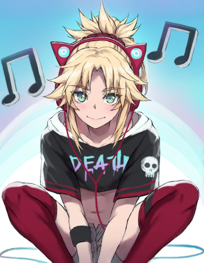 1girl bangs black_shirt blonde_hair blush braid breasts cat_ear_headphones closed_mouth clothes_writing crop_top fate/apocrypha fate_(series) french_braid green_eyes grey_shorts hair_ornament hair_scrunchie headphones highres long_hair looking_at_viewer midriff mordred_(fate) mordred_(fate)_(all) musical_note navel parted_bangs ponytail red_legwear red_scrunchie scrunchie shirt short_sleeves shorts sidelocks skull_print small_breasts smile squatting tonee