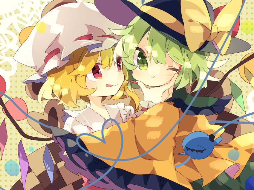 2girls :p :t black_headwear blonde_hair bow commentary_request crystal fingernails flandre_scarlet green_eyes green_hair hand_on_another's_chin hand_up hat hat_bow heart heart_in_eye heart_of_string highres komeiji_koishi long_fingernails long_sleeves looking_at_another mob_cap multiple_girls nikorashi-ka one_eye_closed polka_dot polka_dot_background red_eyes red_nails shirt short_hair side_ponytail symbol_in_eye third_eye tongue tongue_out touhou upper_body white_headwear white_shirt wide_sleeves wings wrist_cuffs yellow_bow yellow_shirt