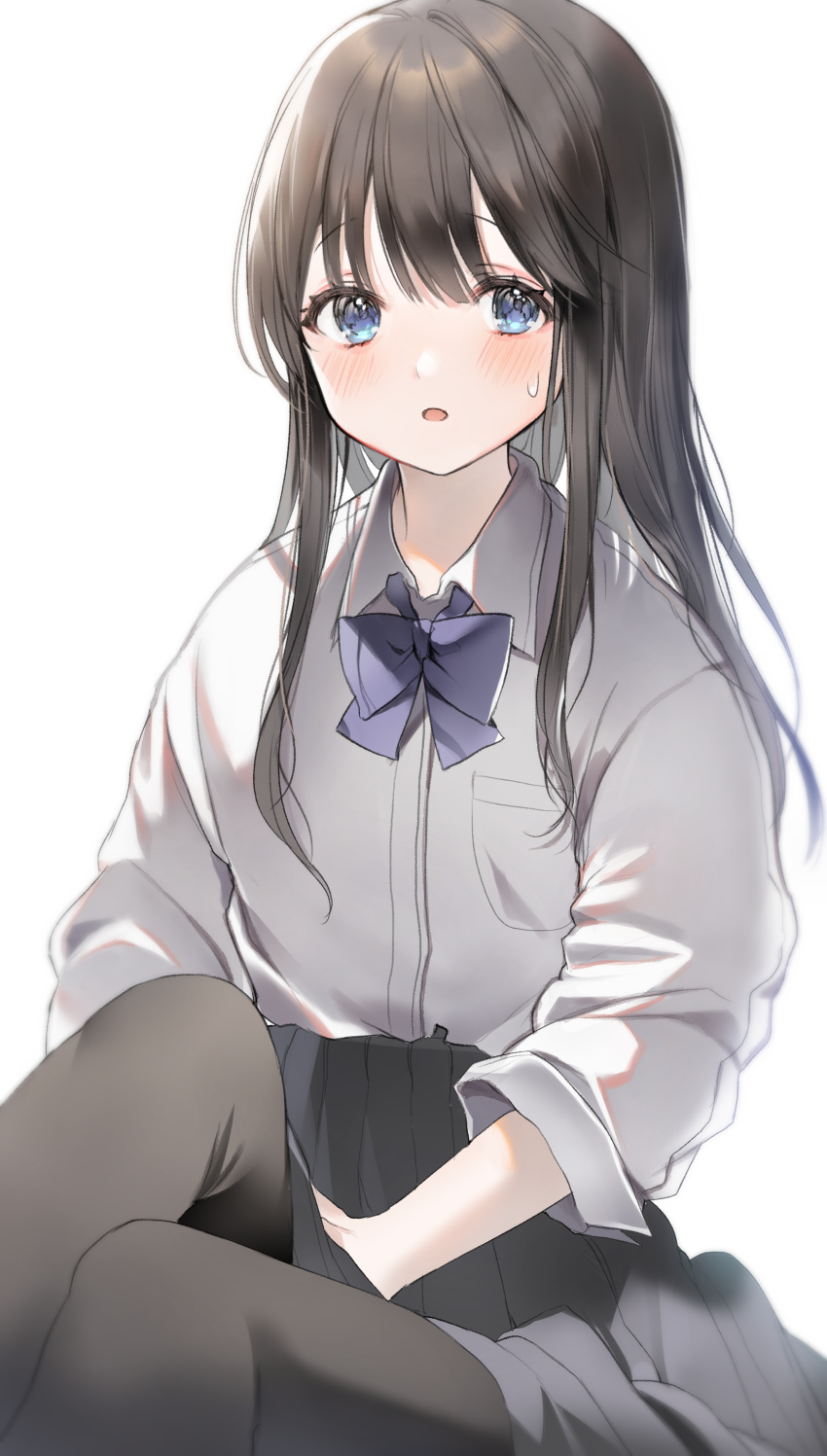 1girl 2sham absurdres bangs black_hair black_legwear black_skirt blue_bow blue_eyes blush bow collared_shirt commentary_request dress_shirt eyebrows_visible_through_hair highres long_hair long_sleeves looking_at_viewer original pantyhose parted_lips pleated_skirt school_uniform shirt simple_background sitting skirt solo sweat white_background white_shirt