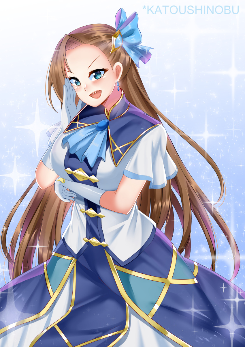 1girl absurdres asymmetrical_bangs bangs blue_bow blue_collar blue_dress blue_earrings blue_eyes blue_neckwear bow brooch brown_hair collar dress forehead_scar gloves highres jewelry katarina_claes katou_shinobu long_hair otome_game_no_hametsu_flag_shika_nai_akuyaku_reijou_ni_tensei_shite_shimatta ribbon smile solo