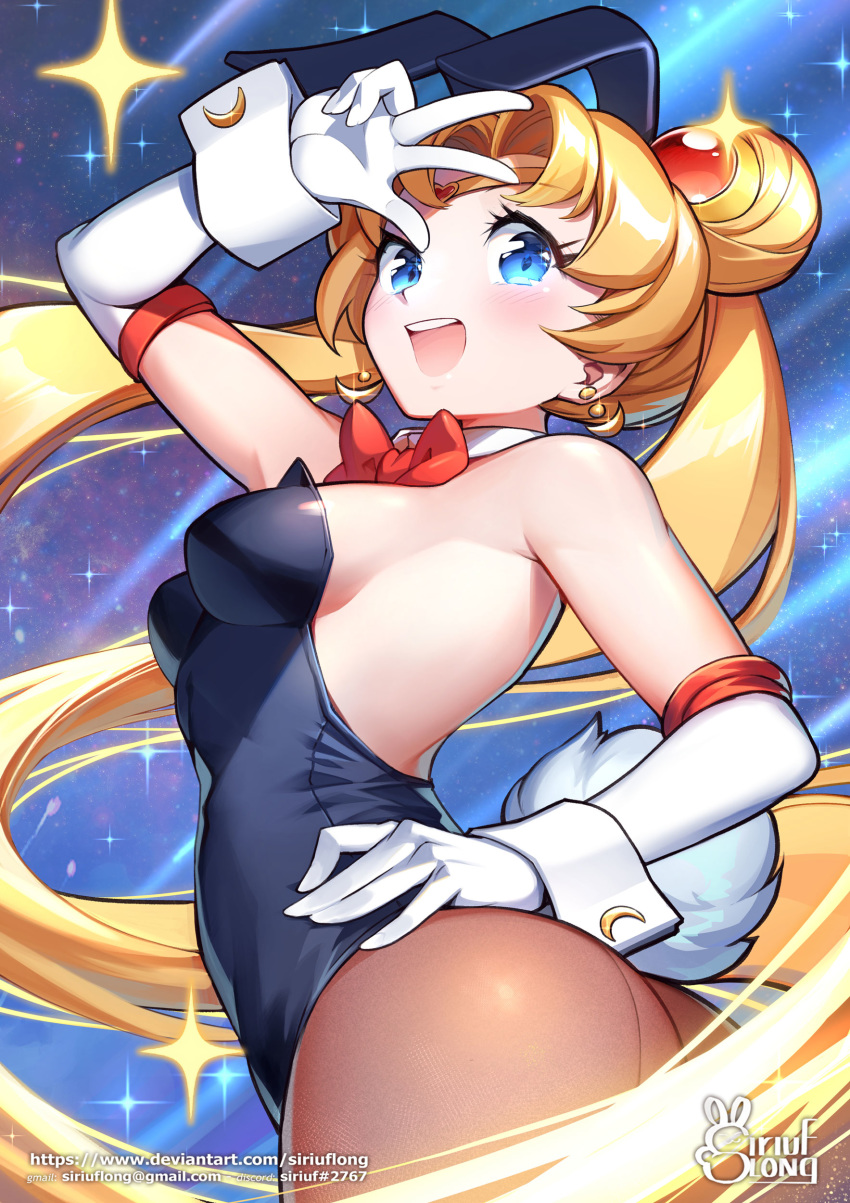 1girl absurdres alternate_costume animal_ears bangs bare_shoulders bishoujo_senshi_sailor_moon blonde_hair blue_eyes blue_sailor_collar blush bow brown_legwear bunny_tail bunnysuit choker commentary_request crescent crescent_earrings earrings elbow_gloves gloves hair_bun hair_ornament highres jewelry long_hair looking_at_viewer pantyhose rabbit_ears red_bow sailor_collar sailor_moon sailor_senshi_uniform siriuflong solo star_(symbol) tail tsukino_usagi twintails upper_teeth w white_gloves