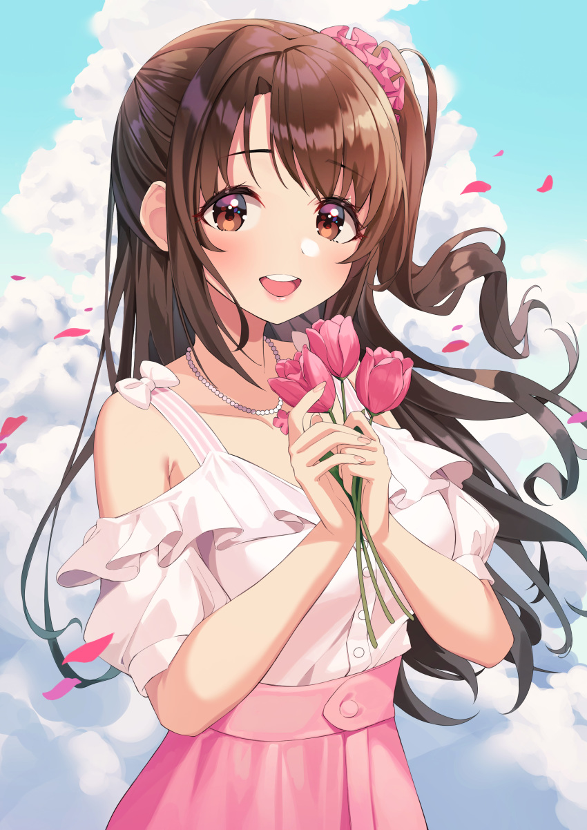 1girl :d absurdres bangs bare_arms bead_necklace beads blush bow breasts brown_eyes brown_hair buttons clouds day fingernails floating_hair flower frills hair_ornament hair_scrunchie highres holding holding_flower idolmaster idolmaster_cinderella_girls jewelry lipstick long_hair looking_at_viewer makeup medium_breasts munseonghwa necklace off_shoulder one_side_up open_mouth petals pink_flower pink_skirt puffy_short_sleeves puffy_sleeves scrunchie shimamura_uzuki shirt short_sleeves skirt sky smile solo strap upper_body white_bow white_shirt wind