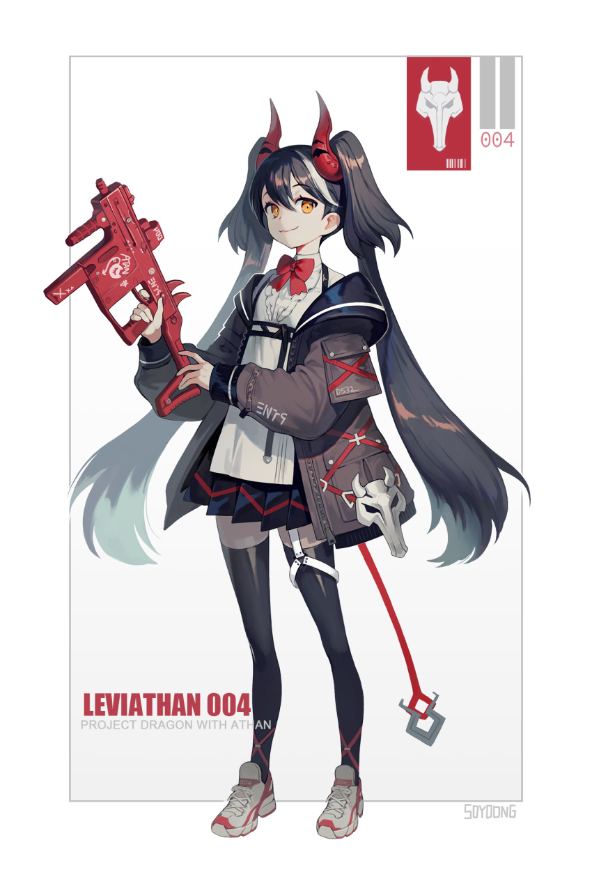 1girl artist_name bangs black_hair black_legwear black_skirt blouse bow bowtie closed_mouth collar collared_blouse english_text facing_viewer frame full_body grey_jacket gun hair_between_eyes highres holding holding_gun holding_weapon hood hood_down hooded_jacket horns jacket kriss_vector long_hair long_sleeves looking_at_viewer multicolored_hair open_clothes orange_eyes original over_shoulder photoshop_(medium) pocket red_bow red_horns red_neckwear scope shoes simple_background skirt smile sneakers solo soyoong_jun standing strap streaked_hair submachine_gun thigh-highs trigger_discipline twintails two-tone_hair two_side_up very_long_hair weapon weapon_over_shoulder white_background white_blouse white_footwear white_hair