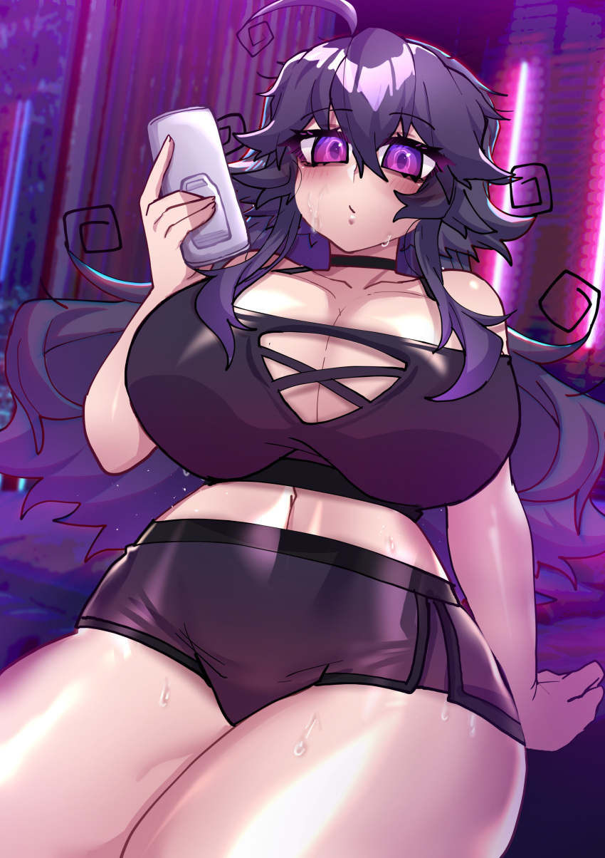 1girl :o absurdres ahoge bare_shoulders black_choker breasts choker city cityscape highres huge_breasts lewdweather long_hair nyarla_(osiimi) original osiimi purple_hair sidelocks sweat sweatdrop thick_thighs thighs towel violet_eyes