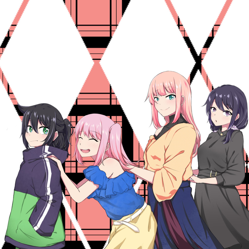 4girls :o alternate_hairstyle belt black_dress black_hair black_hoodie blue_shirt blue_skirt blush closed_eyes commentary_request dress eyebrows_visible_through_hair frilled_shirt frills from_side green_eyes green_hoodie hand_in_pocket hand_on_another's_shoulder highres hood hoodie katou_asuka kuroki_tomoko lineup long_hair long_skirt looking_at_viewer low_twintails mochamillll multicolored_hoodie multiple_girls nemoto_hina off-shoulder_shirt off_shoulder open_mouth orange_sweater pink_hair ponytail shirt skirt smile sweater tamura_yuri twintails two_side_up upper_teeth violet_eyes watashi_ga_motenai_no_wa_dou_kangaetemo_omaera_ga_warui! yellow_skirt |d