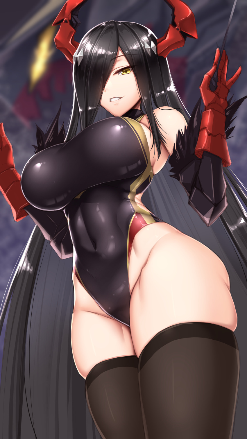 1girl :d absurdres azur_lane bangs bare_shoulders baton_(instrument) black_hair black_legwear black_swimsuit breasts cannon competition_swimsuit covered_navel cowboy_shot eyebrows_visible_through_hair fanbox_reward friedrich_der_grosse_(azur_lane) fur-trimmed_gloves fur_trim gloves groin hair_over_one_eye hands_up highleg highleg_swimsuit highres holding horns impossible_clothes large_breasts legs_together long_hair looking_at_viewer mechanical_horns one-piece_swimsuit open_mouth paid_reward parted_lips red_gloves red_horns rigging shiny_swimsuit shuugetsu_karasu sidelocks skindentation smile solo standing swimsuit teeth thigh-highs very_long_hair world_of_warships yellow_eyes