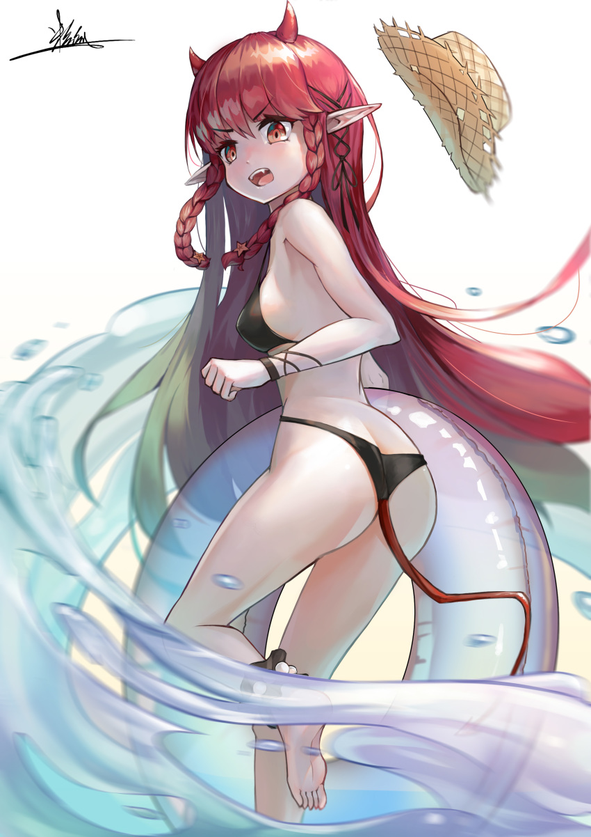 1girl absurdres ankle_cuffs arknights ass bangs bare_arms bare_legs bare_shoulders barefoot bikini black_bikini braid breasts eyebrows_visible_through_hair fang feet_out_of_frame hat hat_removed headwear_removed highres hongshao_tang_gua horns innertube long_hair looking_at_viewer open_mouth pointy_ears red_eyes redhead signature simple_background small_breasts solo standing standing_on_one_leg sun_hat swimsuit tail thighs twin_braids v-shaped_eyebrows very_long_hair vigna_(arknights) water white_background