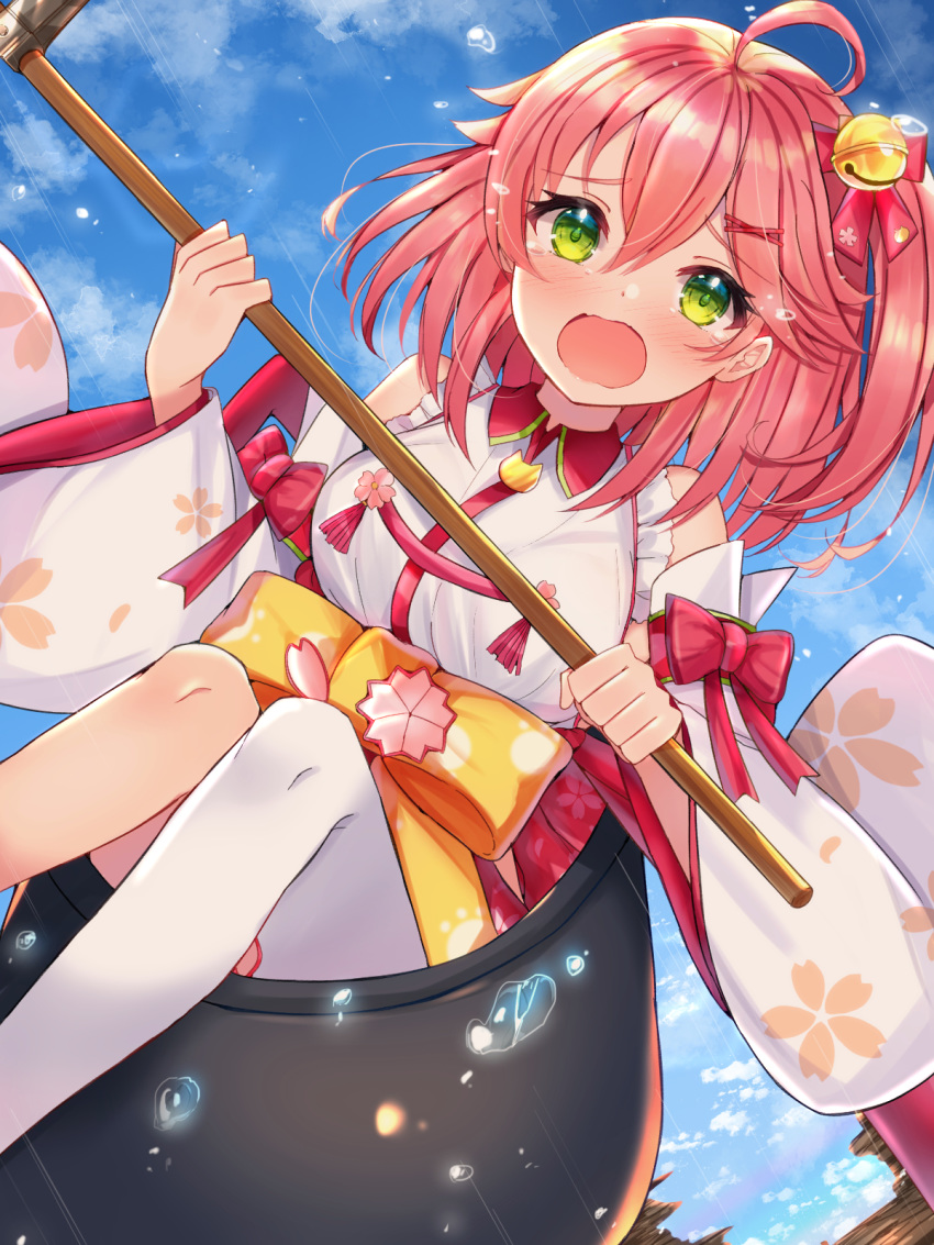 1girl ahoge bare_shoulders bell blue_sky cauldron cherry_blossom_print detached_sleeves floral_print getting_over_it green_eyes hair_bell hair_ornament highres holding hololive mi_taro333 open_mouth paw_print_pattern pink_hair sakura_miko sky tears virtual_youtuber