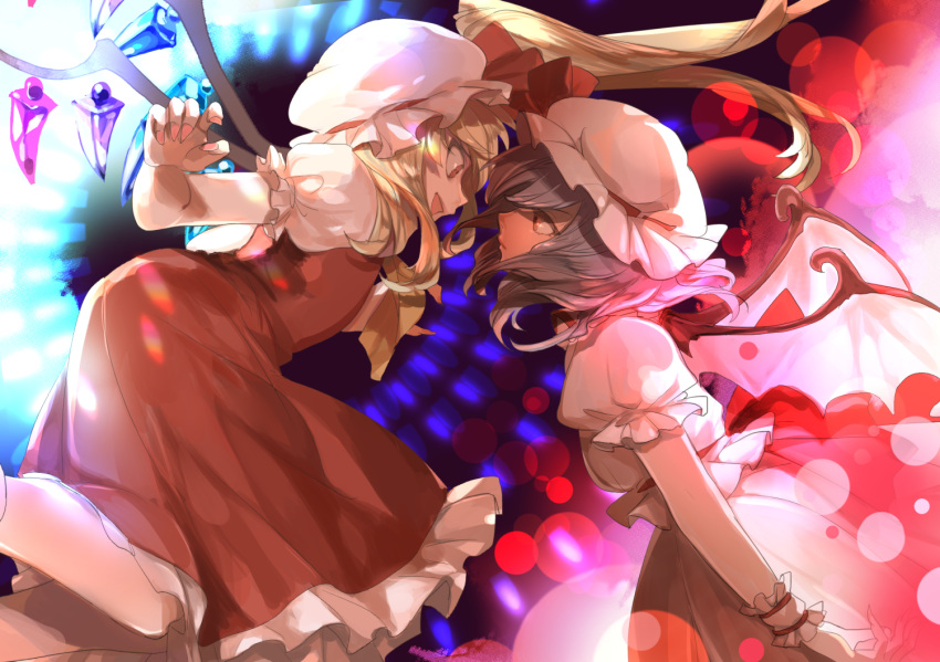 2girls :d bat_wings blonde_hair blue_hair clenched_hand danmaku dress face-to-face flandre_scarlet floating_hair frilled_dress frills hat joniko1110 looking_at_another medium_hair mob_cap multiple_girls open_mouth outstretched_arm puffy_short_sleeves puffy_sleeves red_eyes remilia_scarlet short_sleeves sidelocks smile touhou upper_body wings wrist_cuffs