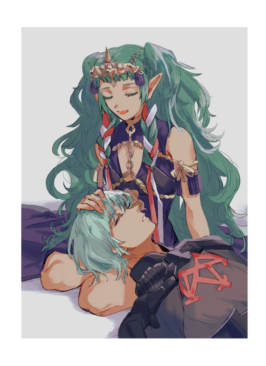 1boy 1girl armor braid byleth_(fire_emblem) byleth_eisner_(male) closed_eyes fire_emblem fire_emblem:_three_houses green_hair hand_on_another's_head highres lap_pillow long_hair lying nnytnk106 on_back open_mouth pointy_ears ribbon_braid short_hair simple_background sitting sothis_(fire_emblem) tiara twin_braids