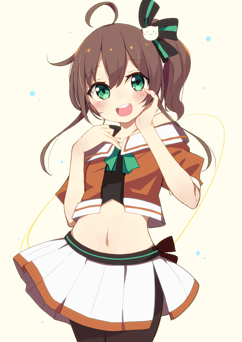 1girl :d absurdres ahoge bare_shoulders beige_background black_camisole black_legwear blush brown_hair brown_jacket camisole cat_hair_ornament commentary_request cowboy_shot hair_ornament hands_up highres hololive jacket natsuiro_matsuri navel off-shoulder_jacket okota_mikan open_mouth pantyhose pleated_skirt puffy_short_sleeves puffy_sleeves round_teeth short_sleeves side_ponytail sidelocks simple_background skirt smile solo standing teeth upper_teeth virtual_youtuber white_skirt