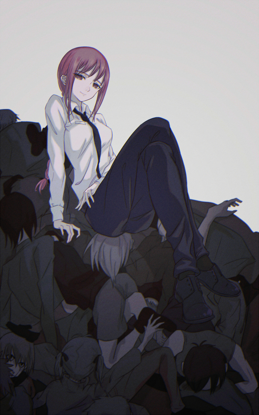 1girl bangs black_footwear black_neckwear black_pants braid braided_ponytail breasts brown_hair business_suit chainsaw_man collared_shirt corpse formal full_body grey_background highres kotomeiro looking_at_viewer makima_(chainsaw_man) medium_breasts medium_hair necktie neckwear pants ringed_eyes shirt simple_background sitting sitting_on_person solo suit white_shirt