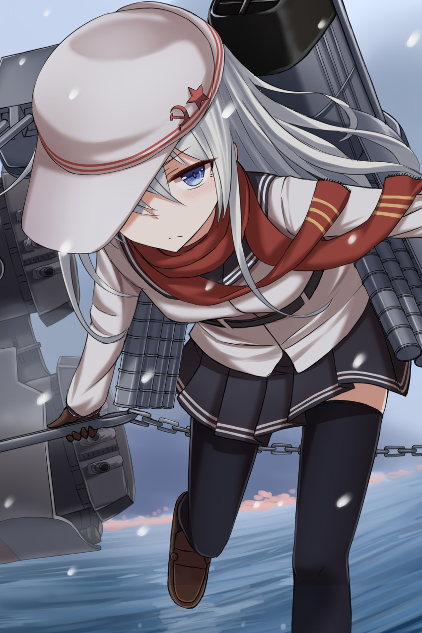 1girl absurdres anchor bangs belt black_belt black_gloves black_legwear black_skirt blue_eyes brown_footwear brown_hair chain closed_mouth commentary expressionless flat_cap gloves hair_over_one_eye hammer_and_sickle hat hat_over_one_eye hibiki_(kantai_collection) highres holding_anchor kantai_collection leaning_forward light_frown loafers long_hair long_sleeves looking_at_viewer ocean on_water pantyhose pleated_skirt rabochicken red_neckwear rigging scarf school_uniform serafuku shirt shoes silver_hair skirt smokestack snowflakes snowing solo star_(symbol) thigh-highs torpedo_tubes turret verniy_(kantai_collection) white_hair white_shirt