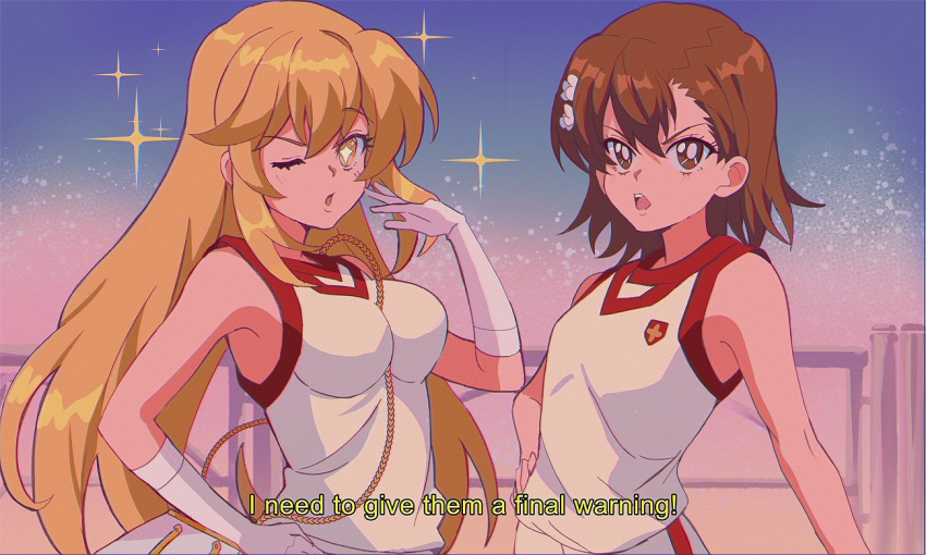 +_+ 1990s_(style) 2girls bag bangs between_breasts blonde_hair breasts carrying commentary emblem english_text flower frown gloves gym_shirt gym_shorts gym_uniform hair_flower hair_ornament hand_in_hair hand_on_hip handbag kagura_kurosaki long_hair looking_at_viewer medium_breasts medium_hair misaka_mikoto multiple_girls one_eye_closed open_mouth shirt shokuhou_misaki shorts side-by-side single_vertical_stripe sleeveless sleeveless_shirt sparkle standing subtitled to_aru_kagaku_no_railgun to_aru_majutsu_no_index uniform v-shaped_eyebrows white_gloves white_shirt white_shorts yellow_eyes