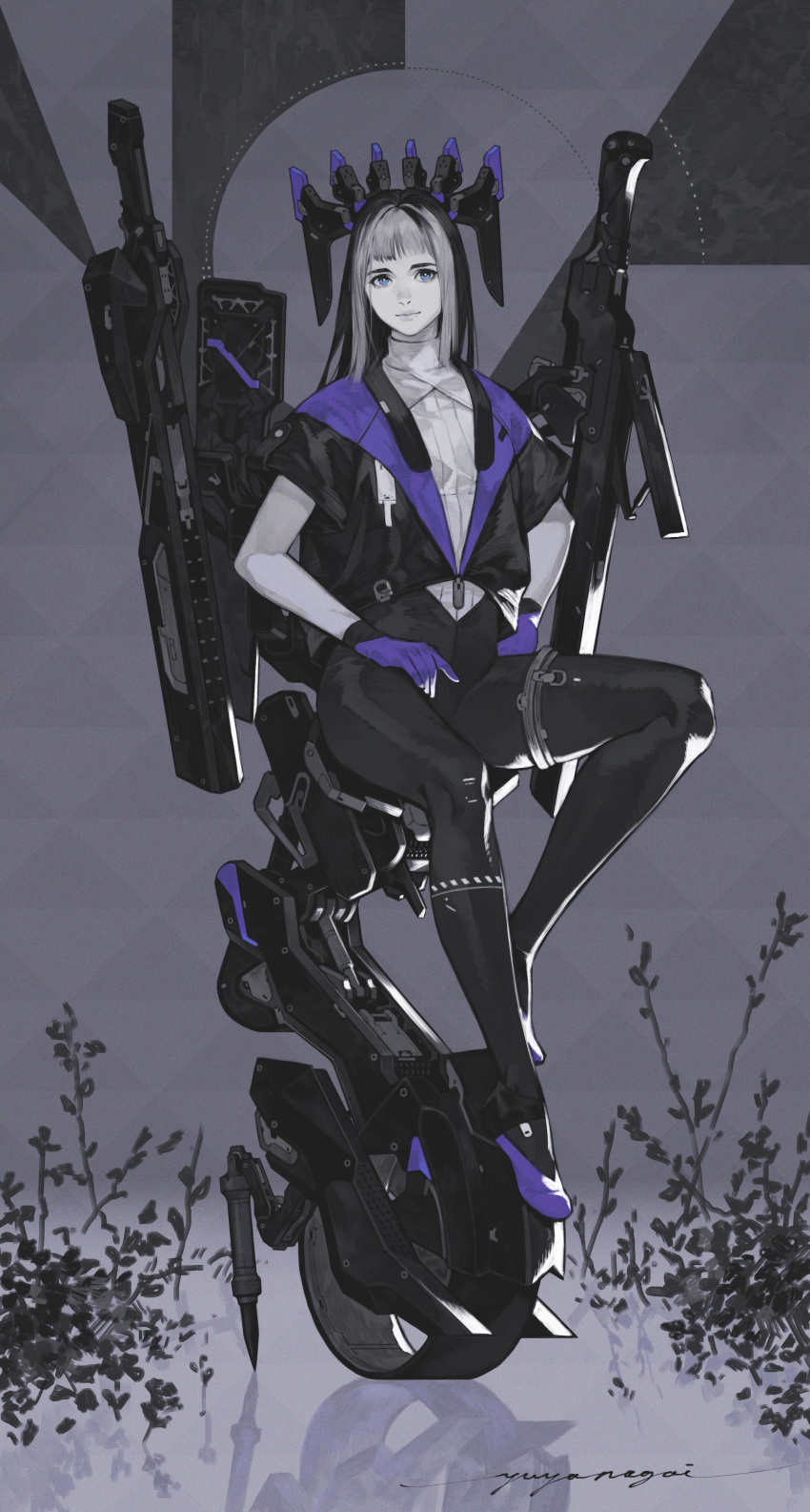 1girl absurdres black_hair black_legwear blue_eyes bow_(weapon) crossbow floating floating_object gloves greyscale highres jacket long_hair monochrome multicolored_hair original plant purple_gloves shirt short_sleeves signature sitting solo straight_hair streaked_hair unicycle v8 weapon wheel white_shirt