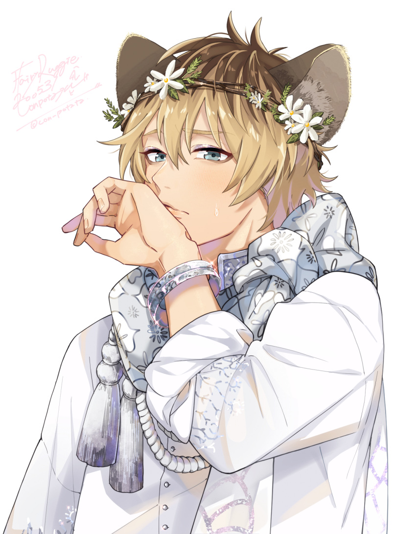 1boy animal_ears bangs blonde_hair blue_eyes blush bracelet brown_hair con_potata embarrassed embroidery fingernails flower flower_wreath grey_scarf hair_between_eyes hand_to_own_mouth hand_up head_wreath highres jewelry lion_ears long_sleeves looking_at_viewer male_focus multicolored_hair print_scarf ruggie_bucchi scarf shirt signature simple_background sleeves_rolled_up solo sweat tassel twisted_wonderland two-tone_hair upper_body white_background white_flower white_shirt