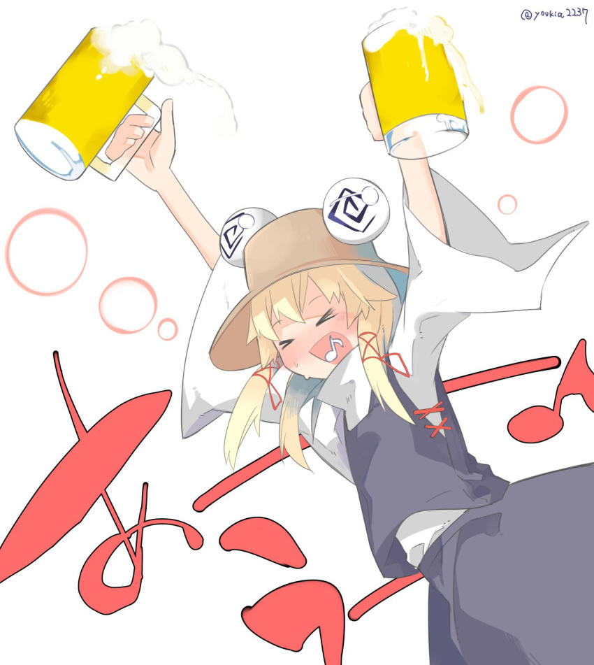 &gt;_&lt; 1girl @_@ aki_maki_yuu alcohol arms_up beer beer_mug blonde_hair blue_skirt blue_vest brown_headwear closed_eyes commentary_request cowboy_shot cup eighth_note hair_ribbon hat high_collar highres holding holding_cup long_hair moriya_suwako mug musical_note musical_note_in_mouth open_mouth red_ribbon ribbon shirt skirt touhou translated twitter_username vest white_background white_shirt wide_sleeves