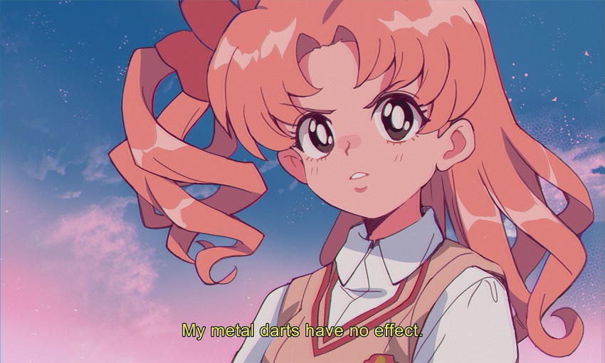 1990s_(style) 1girl alternate_hairstyle bangs black_eyes blue_sky border bow brown_sweater closed_mouth collared_shirt commentary drill_hair english_text hair_bow kagura_kurosaki light_frown long_hair looking_at_viewer one_side_up orange_hair outdoors parted_bangs red_border school_uniform shirai_kuroko shirt sky solo star_(sky) starry_sky subtitled sweater sweater_vest to_aru_kagaku_no_railgun to_aru_majutsu_no_index tokiwadai_school_uniform v-neck v-shaped_eyebrows white_shirt