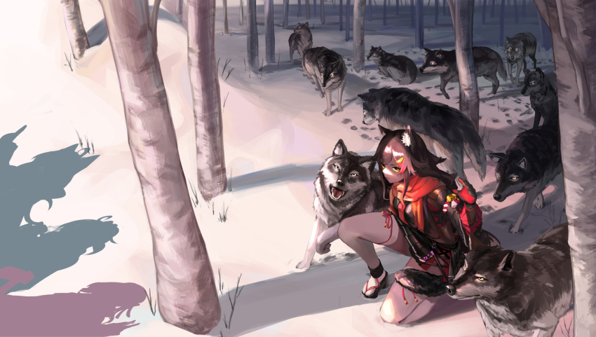 1girl animal_ears black_hair commentary_request forest gloves highres hololive kneeling long_hair nature ookami_mio shadow snow solo tail trail virtual_youtuber wolf wolf_ears wolf_tail yellow_eyes