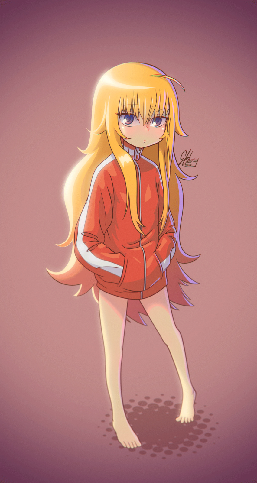 1girl ahoge blonde_hair blue_eyes blush gabriel_dropout gbhering highres jacket long_hair long_sleeves signature solo tenma_gabriel_white track_jacket very_long_hair violet_eyes