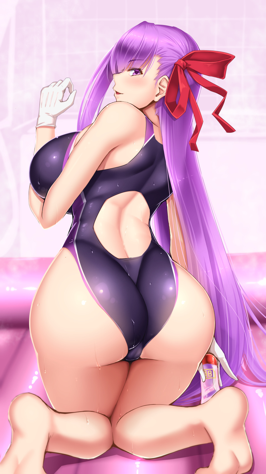 1girl absurdres air_mattress arm_at_side ass back back_cutout bangs bare_shoulders barefoot bathroom bathtub bb_(fate)_(all) bb_(fate/extra_ccc) blush bottle breasts competition_swimsuit eyebrows_visible_through_hair eyelashes fanbox_reward fate/extra fate/extra_ccc fate_(series) feet from_behind gloves hair_between_eyes hair_ribbon hand_up highleg highleg_swimsuit highres holding holding_bottle kneeling large_breasts long_hair looking_at_viewer looking_back lotion lotion_bottle mat_play one-piece_swimsuit paid_reward parted_lips purple_hair purple_swimsuit red_ribbon ribbon shiny_swimsuit shoulder_blades shuugetsu_karasu sidelocks smile soapland solo swimsuit thighs tile_wall tiles very_long_hair violet_eyes wet white_gloves