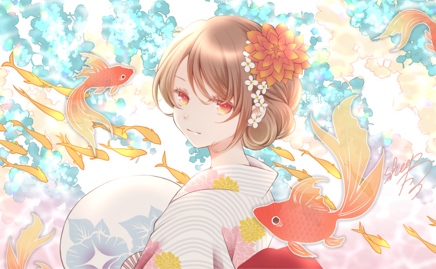 1girl animal bangs blue_flower brown_hair closed_mouth commentary english_commentary eyebrows_behind_hair fan fish floral_print flower from_side goldfish hair_between_eyes hair_bun hair_flower hair_ornament highres japanese_clothes kimono looking_at_viewer looking_to_the_side original paper_fan print_kimono red_eyes red_flower sheepd smile solo striped uchiwa upper_body vertical-striped_kimono vertical_stripes white_flower white_kimono yukata