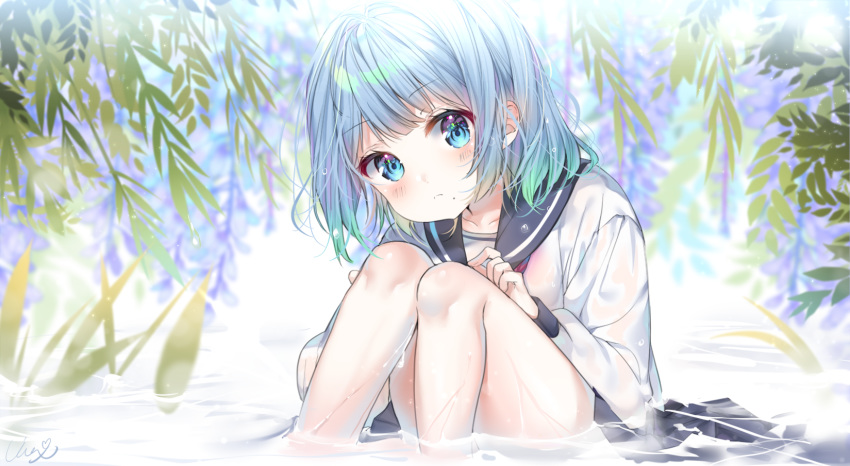 1girl bangs bare_legs black_skirt blue_eyes blush collarbone eyebrows_visible_through_hair frown highres in_water long_sleeves looking_at_viewer original pleated_skirt shirt signature sitting skirt solo symbol_commentary urim_(paintur) white_shirt