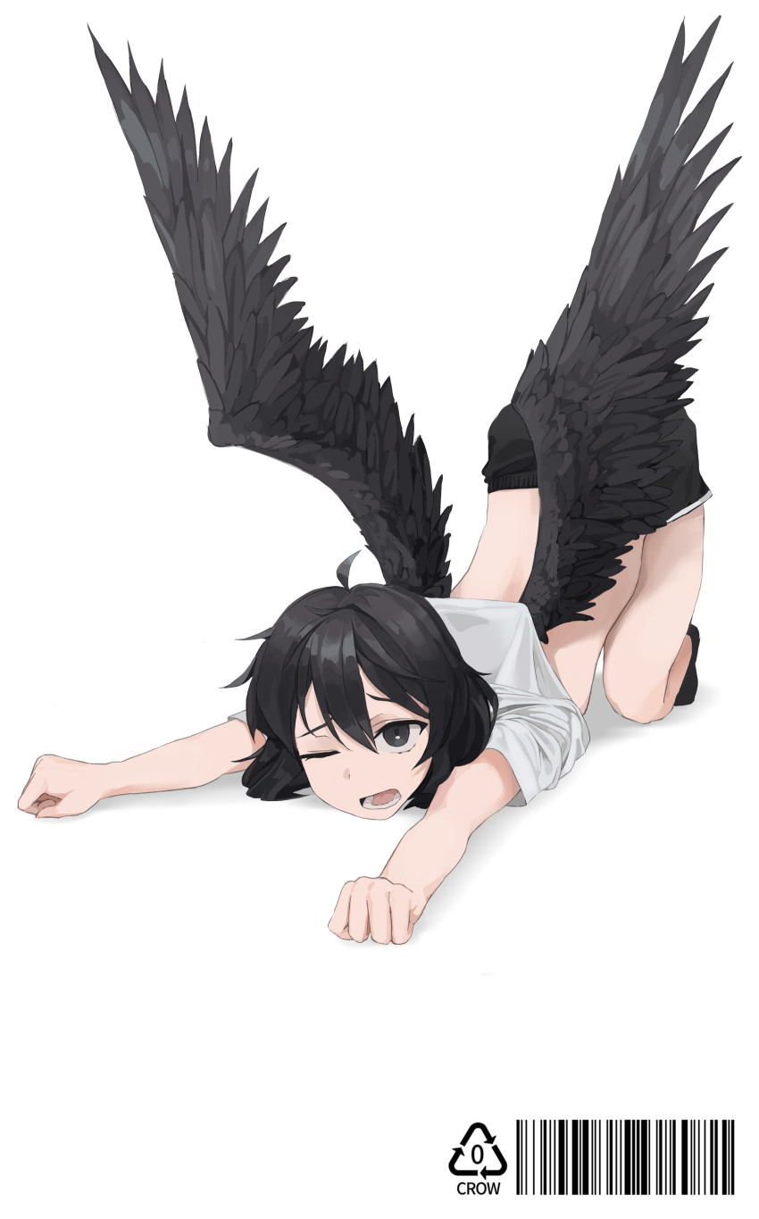 1girl absurdres ahoge all_fours artist_name barcode bird_wings black_hair black_legwear black_shorts black_wings clenched_hands crowcrycaw grey_eyes hair_between_eyes highres kneeling lying messy_hair on_stomach one_eye_closed open_mouth original shirt short_hair shorts sidelocks simple_background socks solo top-down_bottom-up white_background white_shirt wings