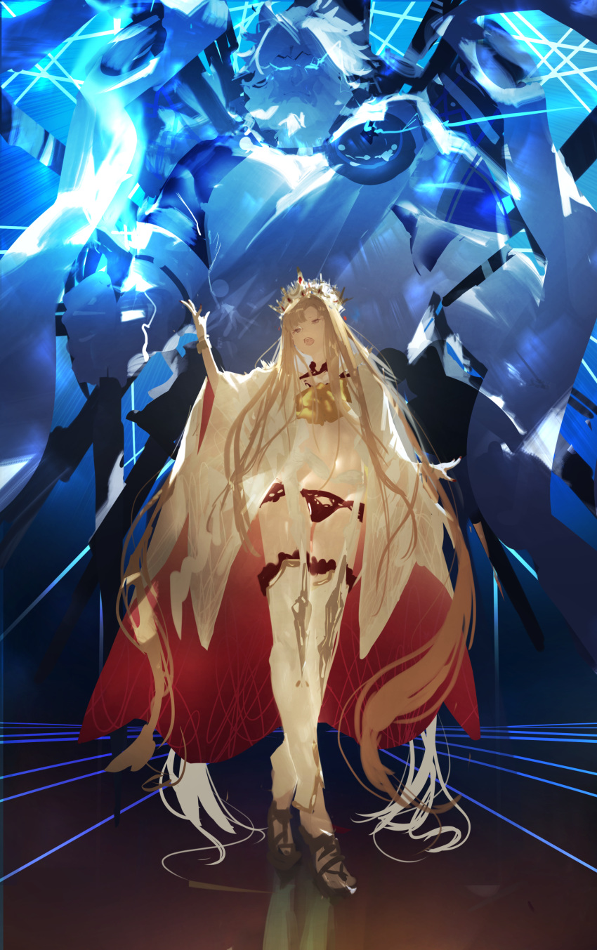 1boy 1girl absurdres bangs beard blonde_hair breasts cape crown dress europa_(fate/grand_order) facial_hair fate/grand_order fate_(series) full_body giant glowing glowing_eyes highres kuronoiparoma legs lightning long_hair long_sleeves off-shoulder_dress off_shoulder open_mouth pale_skin panties red_cape red_panties thigh-highs underwear very_long_hair violet_eyes white_dress white_hair white_legwear wide_sleeves zeus_(fate/grand_order)