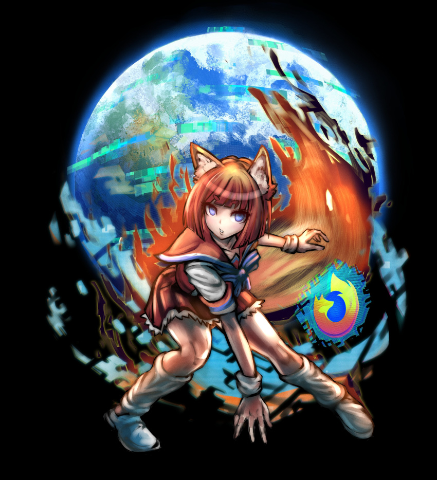 1girl absurdres animal_ears black_background blue_eyes dangan_ronpa dgrp_(minhduc12333) earth eyebrows_visible_through_hair fire firefox firefox_(merryweather) fox_ears fox_tail full_body gradient_hair highres internet_explorer_(webcomic) komatsuzaki_rui_(style) looking_at_viewer multicolored_hair open_mouth orange_hair parody parted_lips personification sailor_collar short_hair simple_background socks solo style_parody tail teeth