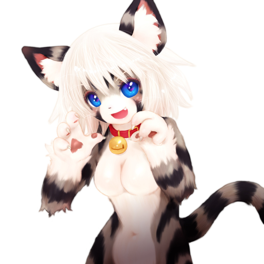 :d animal_ear_fluff animal_ears animal_nose bell black_fur blue_eyes blurry blush breasts cat cat_ears cat_girl cat_tail claws commentary_request fang furry grey_fur hair_between_eyes highres jingle_bell karin_(tashiro_yuu) looking_at_viewer medium_breasts navel open_mouth original paw_pose pawpads simple_background smile striped_fur tail tashiro_yuu whiskers white_background white_fur white_hair