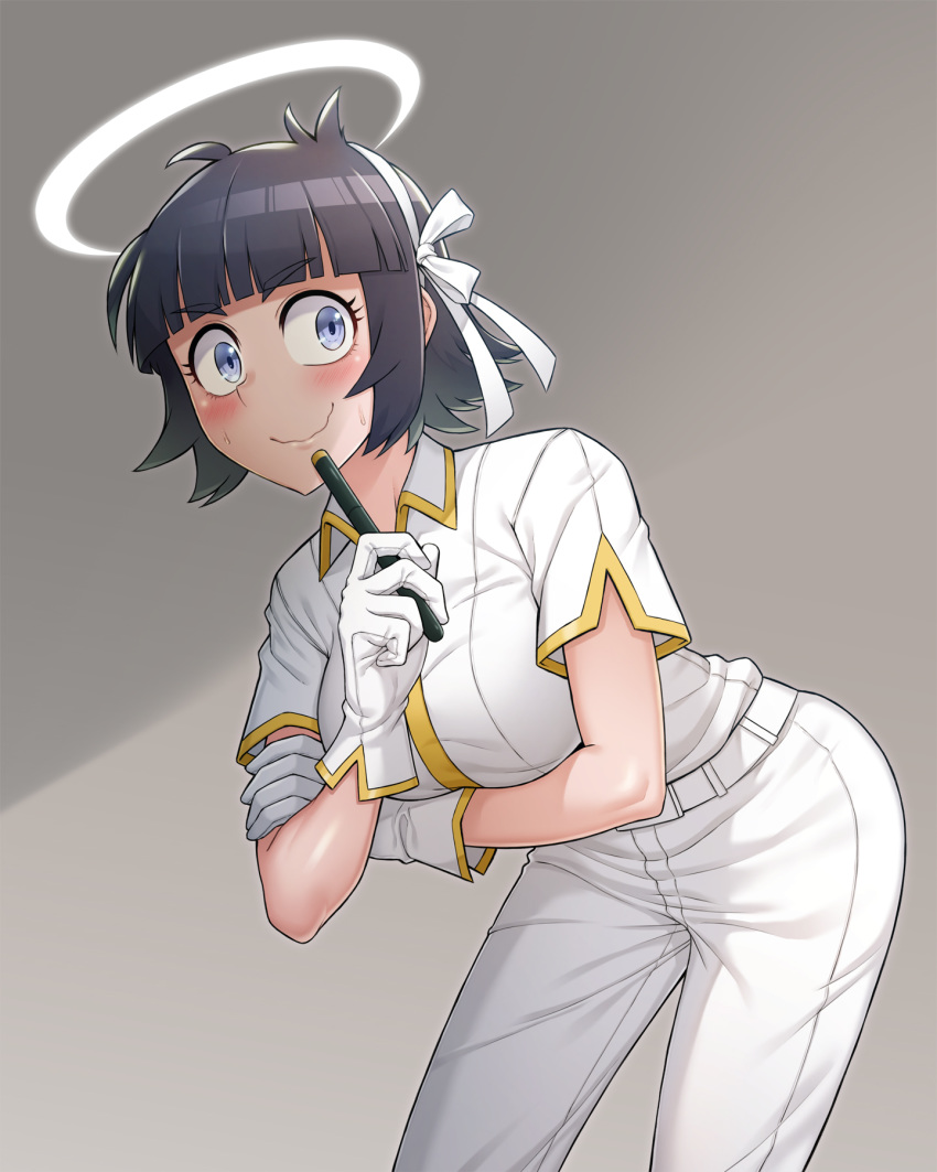 1girl angel azazel_(helltaker) bangs bent_over black_hair blue_eyes blush breasts commentary eyebrows_visible_through_hair gloves grey_background hair_ribbon halo helltaker highres large_breasts looking_at_viewer pants ribbon s-goon shirt short_hair short_sleeves simple_background smile uniform white_gloves white_ribbon white_shirt