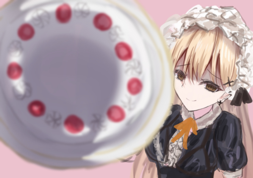 1girl blonde_hair blush breasts cake cross cross_earrings earrings eyebrows_visible_through_hair food frilled_hairband frills girls_frontline hairband highres jewelry light_brown_eyes looking_at_viewer martinreaction medium_breasts pov ppk_(girls_frontline) puffy_short_sleeves puffy_sleeves shaded_face short_sleeves smile solo